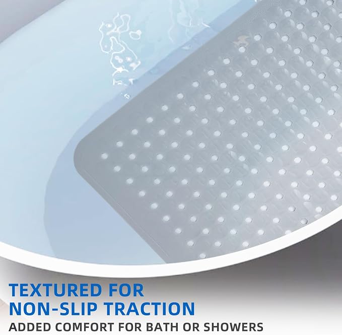 MOONFLY Shower and Bathtub Mat,40x16 Inches,Extra Long Non Slip Mats with Suction Cups and Drain Holes, Machine Washable and Anti Slip Bathmats, Bathroom Mats for Tub Nonslip (Grey)