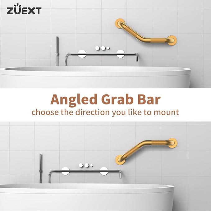 16 Inch Angled Grab Bar 2 Pack, ZUEXT Anti Slip Brushed Gold Shower Grab Bar, Stainless Steel Knurled Bathroom Balance Bar, Safety Hand Rail Support,Handicap Elderly Injury Senior Assist Bath Handle