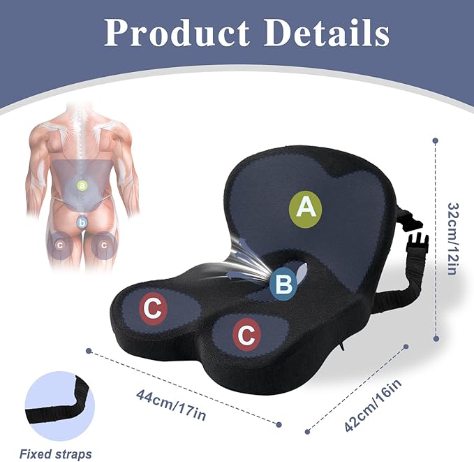 Car Seat Cushion, Memory Foam Driving Cushion with Adjustable Strap, Ergonomic Pad for Car & Semi Truck, Office Chair Cushion for Sciatica & Lower Back Pain Relief, Black