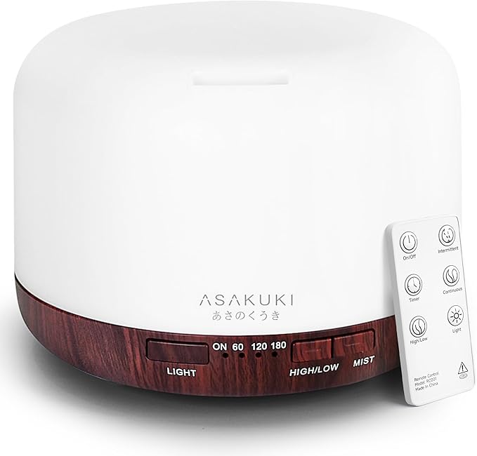 ASAKUKI Essential Oil Diffuser for Home, 500ML Aromatherapy Diffuser Humidifier with Remote Control, 7 Color LED Lights, Quiet Cool Mist Diffuser for Bedroom, Living Room, Office (Reddish-Brown)