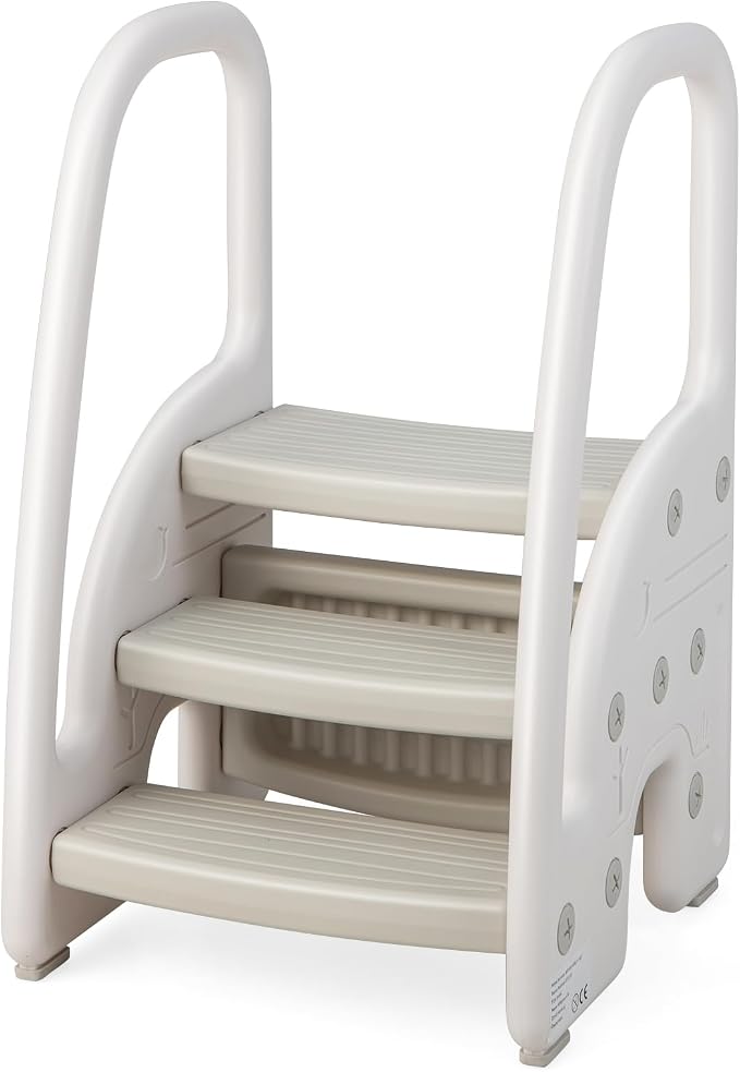Costzon 3-Step Stool for Toddlers, Children Step Up Leaning Helper with Safety Handles, Non-Slip Pedals, Kids Standing Tower for Kitchen Counter, Bathroom Sink, Toilet Potty Training (Grey)