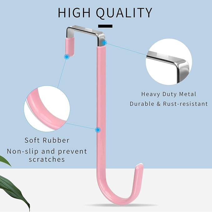 FYY Over the Door Hooks, 4 Pack Upgraded Long Door Hangers Hooks with Rubber Prevent Scratches Heavy Duty Organizer Hooks for Hanging Clothes, Towels, Hats, Coats, Bags Pink