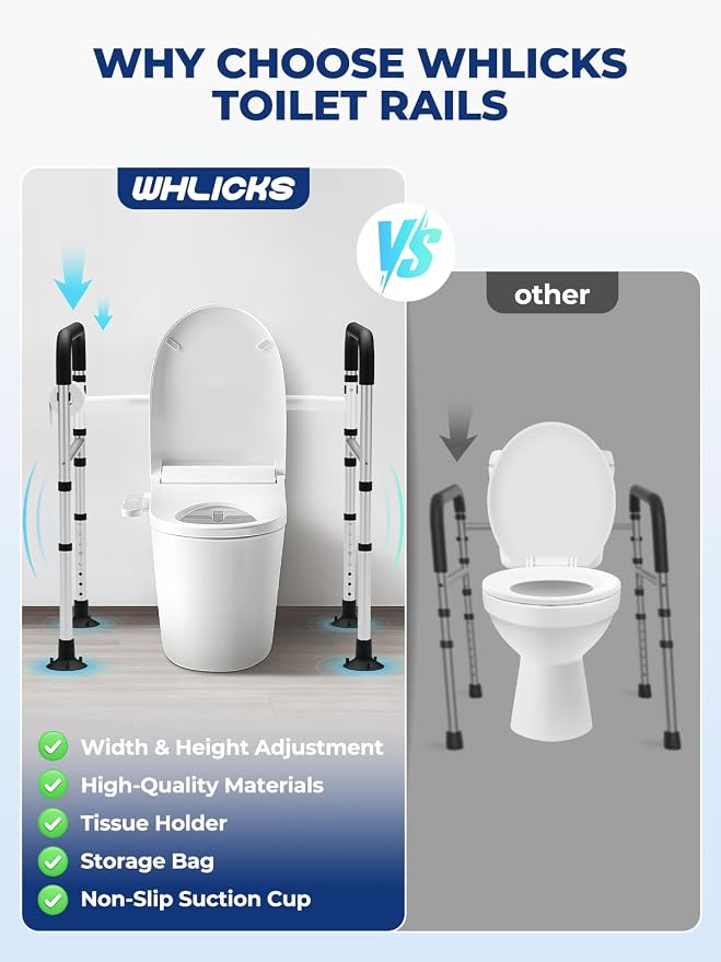 WHLICKS Toilet Safety Rails, Height & Width Adjustable Detachable Toilet Safety Frame for Seniors, Elderly & Disabled, Foldable Handicap Toilet Rails with Handles Storage Bag, Tissue Holder (350LB)