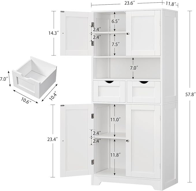 Iwell Tall Storage Cabinet with Adjustable Shelf & 2 Drawers, Kitchen Pantry Cabinet, Pantry Cabinets with 4 Doors, Tall Cabinets for Living Room, Kitchen, Bathroom, White