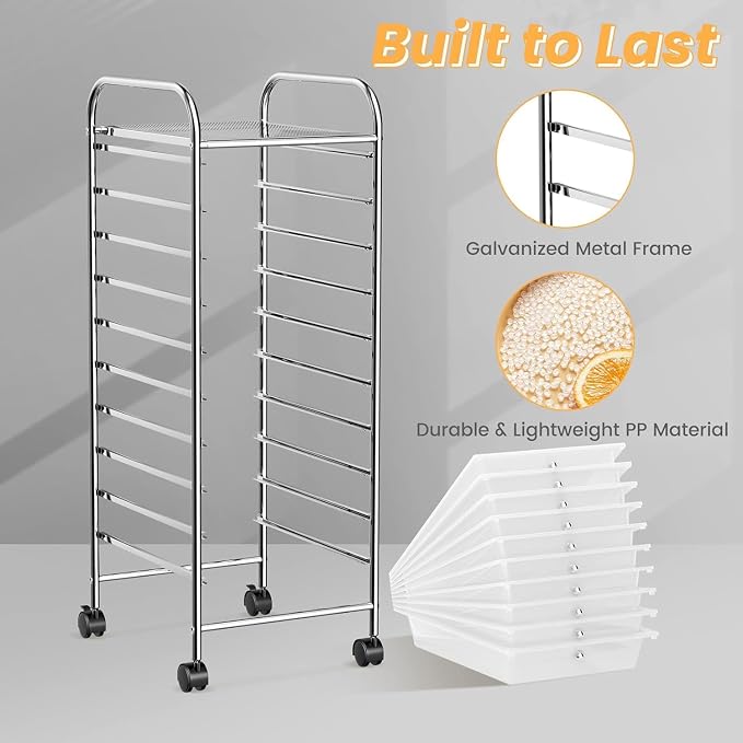10-Drawer Rolling Storage Cart, Trolley w/Lockable 360° Wheels, 10 Removable PP Drawers, Sturdy Metal Frame, Rolling Utility Cart Perfect for Home, Office, Classroom (Clear)