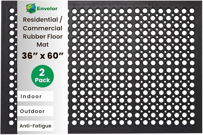 Envelor 2 Pack Anti Fatigue Mats for Kitchen Floor, Rubber Bar Mats, Non Slip Commercial Floor Mat with Drainage Holes, Indoor Outdoor Rubber Mat for Restaurant, Garage, Entryway 36 x 60 in