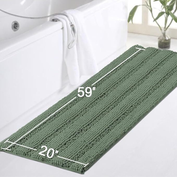 Turquoize Bathroom Runner Rug Extra Long Chenille Area Rug Non-Slip Green Bath Room Rug Shag Shower Mat Green Rugs Kitchen Rugs Washable Bath Mats for Bathroom 59 x 20 inches, Green Bay