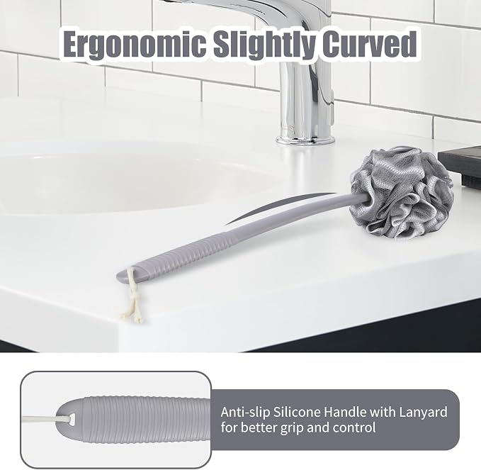 VANZAVANZU Loofah Sponge Set Back Scrubber for Shower, Anti-Slip Plastic 17" Handle Loofah on a Stick with Fluffy Shower Sponge, PE Soft Mesh Shower Loofahs-Gray with White Edge