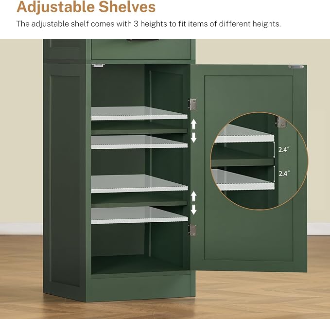 TEENFON Kitchen Pantry Cabinet with 3 Door Shelves & 1 Drawer, Narrow Bathroom Cabinet with Adjustable Shelves, Tall Storage Cabinet for Living Room, Bathroom, Entryway, Green