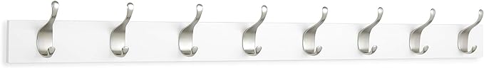 Amazon Basics Wall Mounted Modern Coat Rack for Entryway and Bedroom with Versatile Storage Hooks, Rectangular, 8-Hook, White | Rectangular