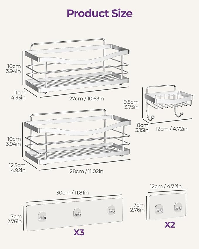 ODesign Shower Caddy 3 Pack-Shower Organizer Shelves Rack Rustproof SUS304 Stainless Steel for Bathroom Storage&Kitchen-No Drilling Adhesive Shower Caddy Shelf Dorm Room Essentials-Silver