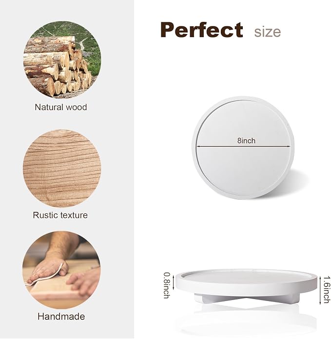 Round Decorative Tray Wood Bathroom Counter Organizer Farmhouse Kitchen Decor Wooden Riser for Soap Dish, Perfume, Candle, Sponge, 8" - White