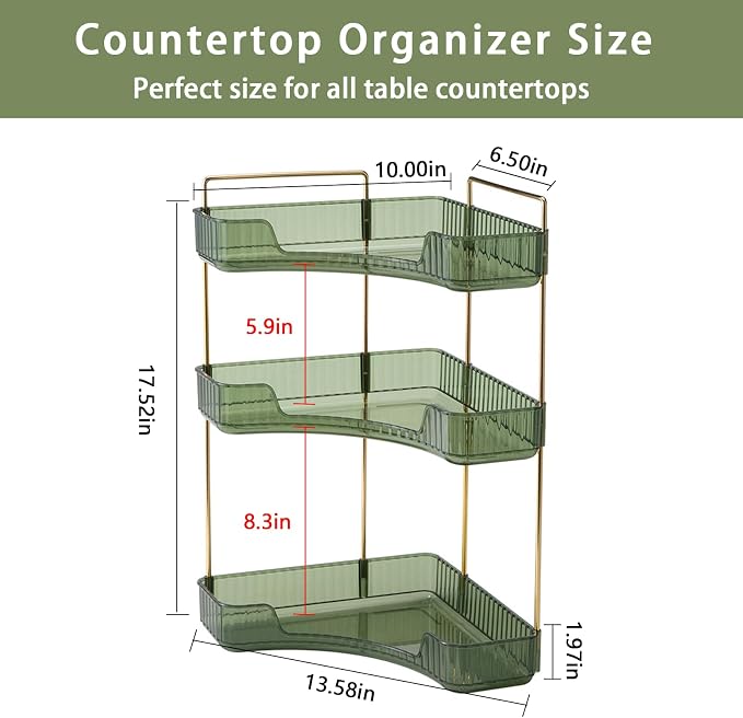 shuang qing 3-Tier Corner Bathroom Counter Organizer – Classic Storage Shelf for Makeup, Perfume & Toiletries, Space-Saving Countertop Tray Fits Bathroom, Dresser, Kitchen (Sage Green)
