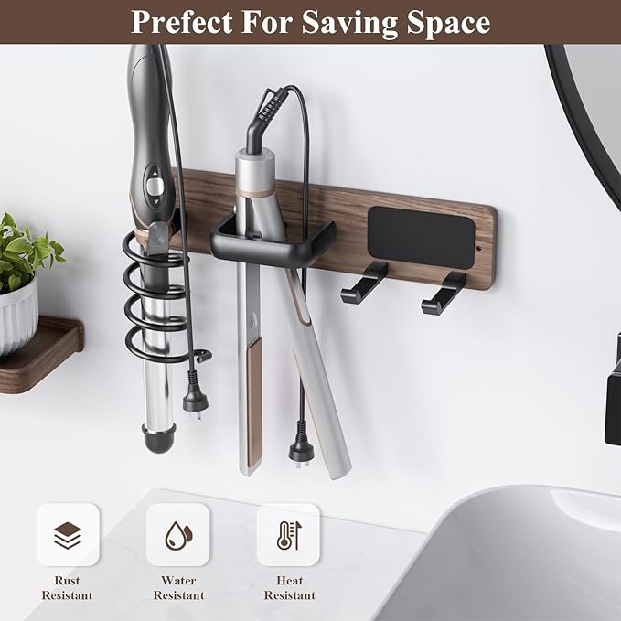 Tindbea Hair Dryer Holder Wall Mount Aluminum Alloy Hot Tools Organizer | Walnut Matte Black