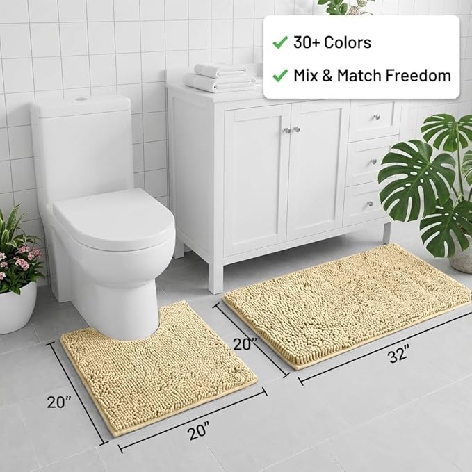 Bathroom Rugs Sets 2 Piece,Super Absorbent Chenille Bath Mats and U-Shaped Toilet Rug,Strong PVC Non Slip Backing,Microfiber Washable Dry Quickly Bath Mats for Bathroom(20"x32"+20"x20"U, Camel)