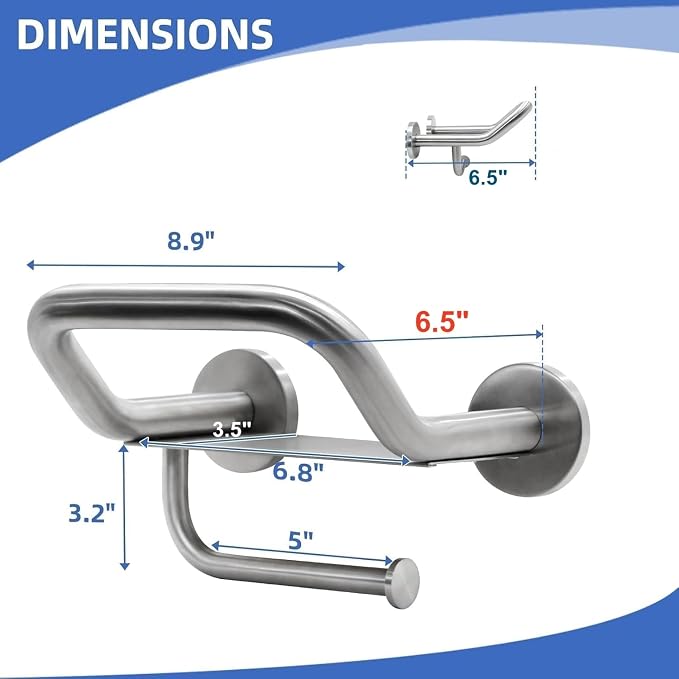 Grab Bar Toilet Paper Holder, 3-in-1 Bathroom Grab Bar with Toilet Holder and Phone Shelf, 304 Stainless Steel Safety Toilet Paper Grab Bar, Wall Mount Toilet Paper Holder for Seniors