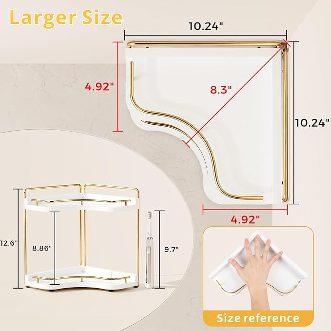 2-Tier Corner Bathroom Counter Organizer with Embedded Screw Holes, Secure & Stable Wood Vanity Shelf for Makeup and Skincare Essentials - Space Saving Bathroom Countertop Storage, White Gold