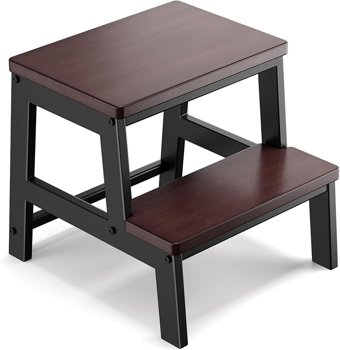 2 Step Wooden Step Stools for Adults Non-Slip, Sturdy Bed Steps for High Beds Easy Assembly, Portable Two Step Stool Holds Up to 500 Lb(Dark Walnut)