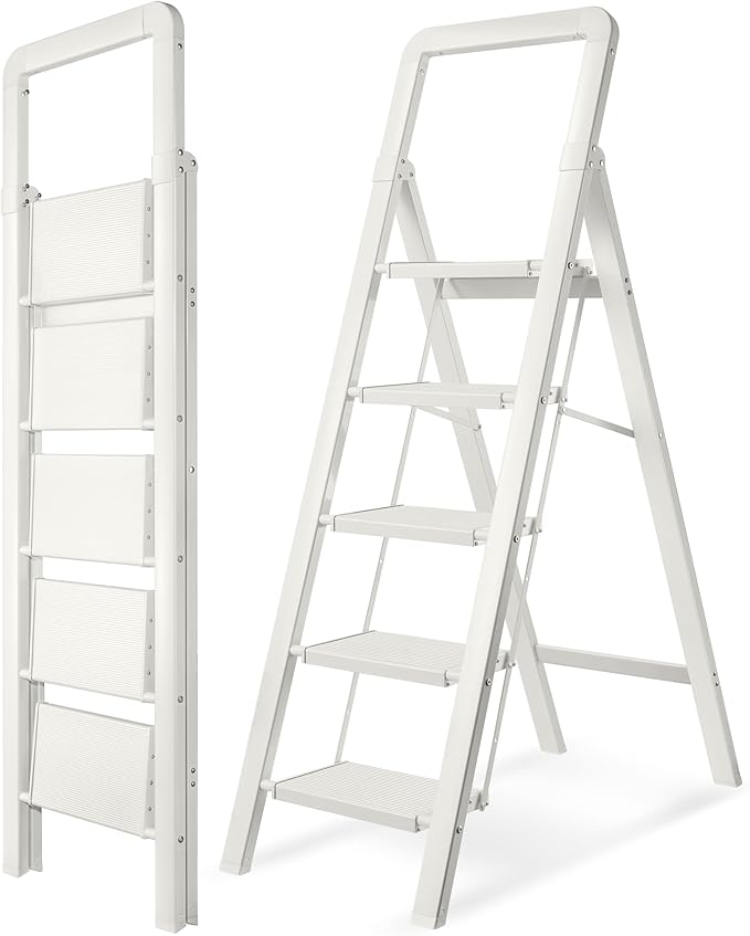 Step Ladder 5-Step White Finish Aluminum Folding Ladders