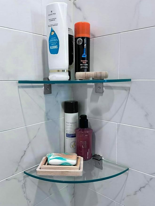 Bakzon Glass Corner Shower Shelf 2 Pack, No-Drill Adhesive or Screw Mount, 9.5" Tempered Glass Caddy Holds 22 lbs, Rustproof Aluminum Brackets, Renter-Friendly Inside Shower Organizer