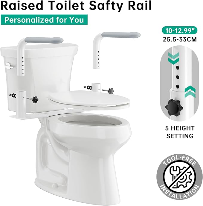 Toilet Safety Rails for Seniors, Reinforced Height Adjustable Toilet Rails, Anti Slip Durable Heavy Duty Toilet Handles for Elderly, Space Saving Toilet Safety Frame for Elderly Disabled