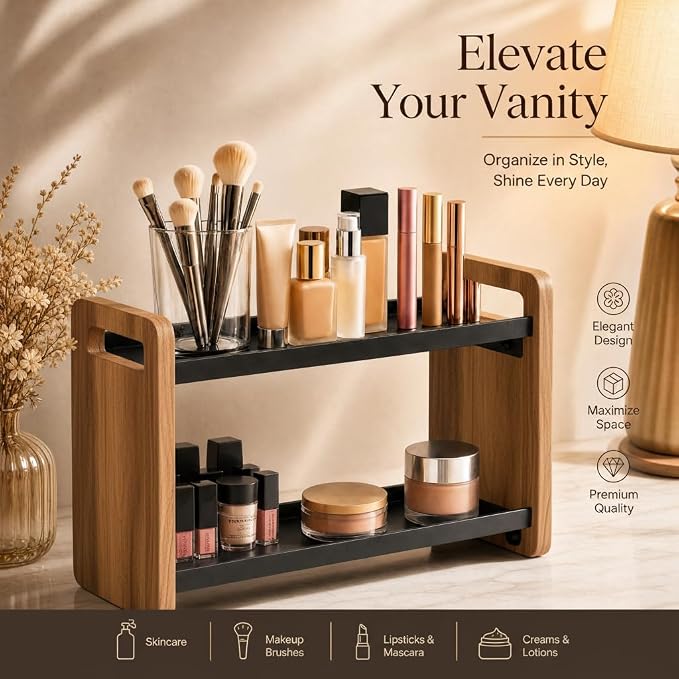 Narrow Solid Wood Bathroom Counter Organizer, Space-Saving Bathroom Storage Rack for Vanity, Multi-Purpose Kitchen Spice Rack & Bedroom Makeup Organizer (Black, 2 Tier)