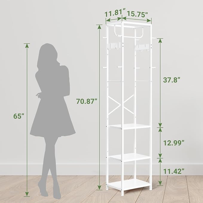ELYKEN Coat Rack Freestanding, Hall Tree with 3 Storage Shelves and 12 Hooks, Industrial Clothes Rack Stand Organizer for Bedroom, Hallway, Entryway, Office, Living Room, White