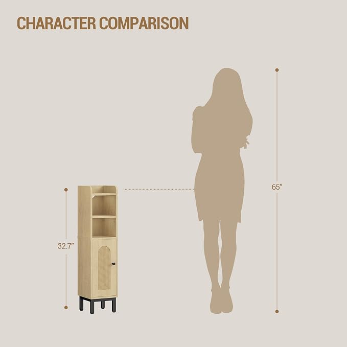 Hzuaneri Bathroom Storage Cabinet, Small Corner Floor Cabinet with Door and Shelves, Narrow Toilet Paper Holder, Bathroom Organizer with Adjustable Shelf, for Small Spaces, Rattan Yellow BC08202Y