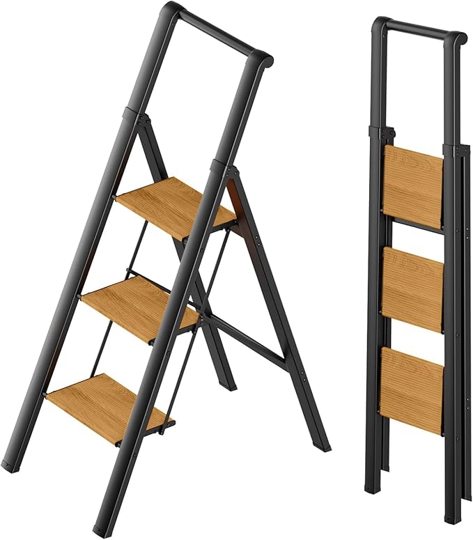 SOLADDER 3 Step Ladder with Handrails, Anti-Slip and Foldable Step Stool with Widen Pedals, Portable Stepladders for Home, Kitchen and Indoor, Space Saving -300lbs(Black+Woodgrain)