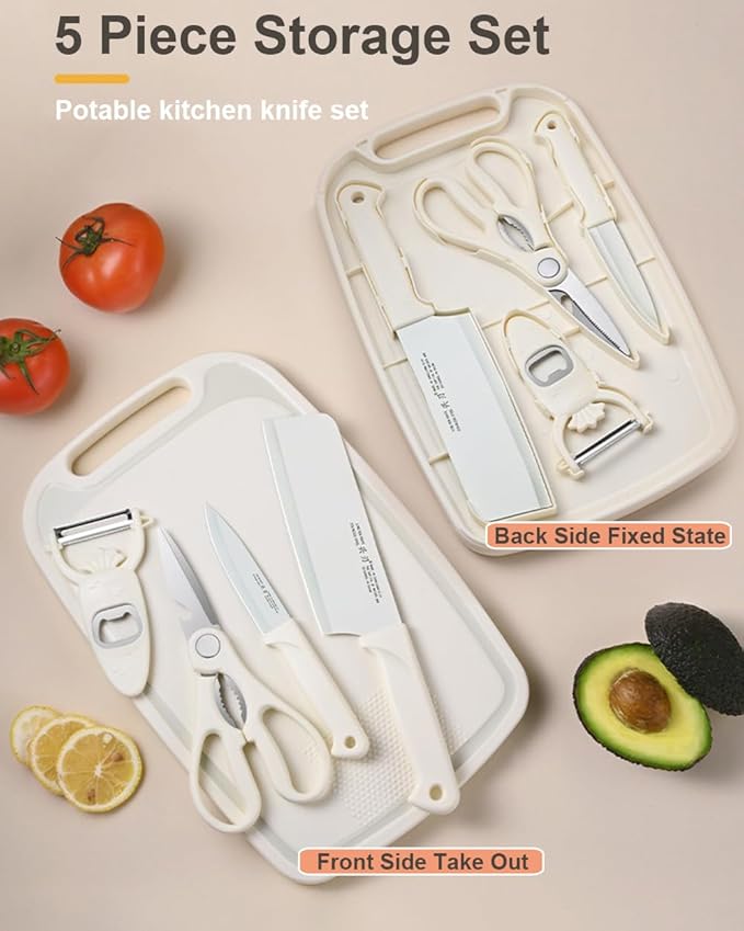 5 in 1 Mini Knife and Cutting Board Set, Small Cutting Board Camping Cutting Board Cutting Board Scissors, Smart Cutting Board and Knife Set, Dorm Kitchen Essentials Travel Knife Set (Wheaten)