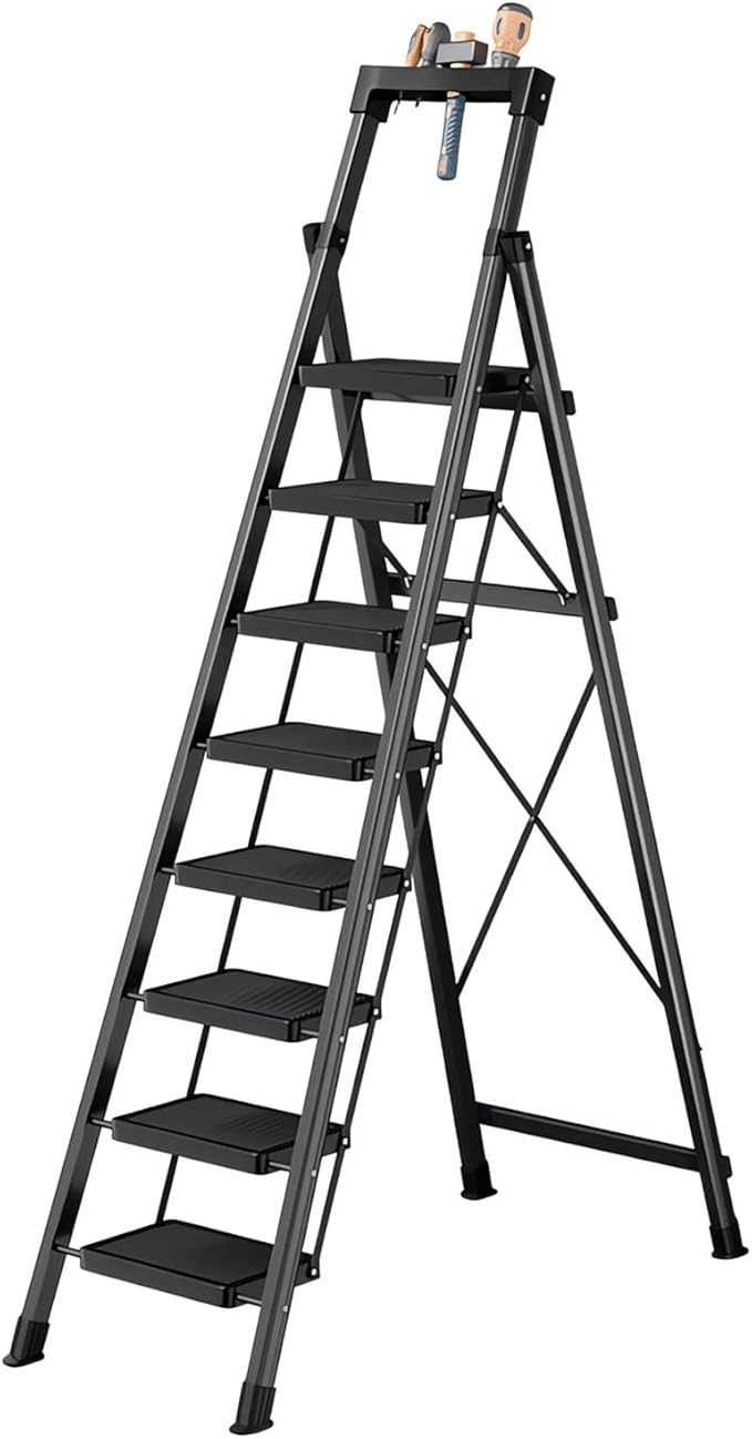 8 Step Ladder,Folding Step Stool with Tool Tray,Portable Sturdy Steel Ladder with Anti-Slip Pedal,Lightweight,Convenient Work Platform,Sturdy Carbon Steel Step Ladder for Adult,Garden,Garage