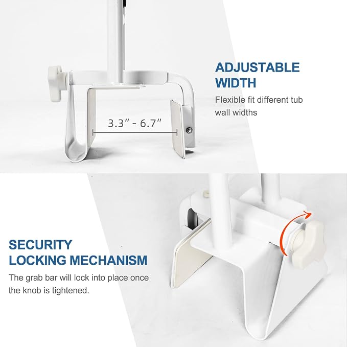 HEPO Adjustable Bathtub Safety Rail for Elderly, Tub Grab Bar for Bathroom, Assistance Bathtub Handle Clamp for Seniors Bath Handles Support and Fall Prevention, White