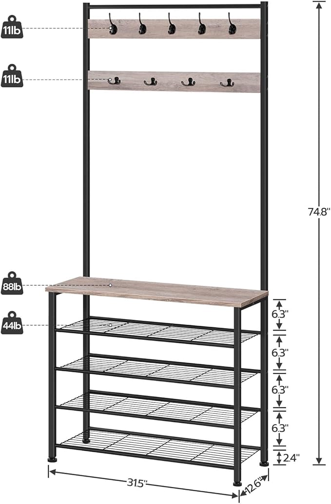 HOOBRO Hall Tree, Coat Rack with Shoe Rack, Hall Tree with Bench, 5 Tier Shoe Storage Organizer with 9 Hooks for Entryway, Closet, Sturdy, Industrial, Greige and Black BG80MT01G2