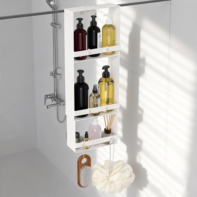 Over the Door Shower Caddy Hanging, 3 Tier Stainless Steel Hanging Shower Caddy with 8 Hooks & 4 Suction Cup, Bathroom Organizers and Storage Rack, Bathroom Decor Shelves Holds Shampoo, Towel - White