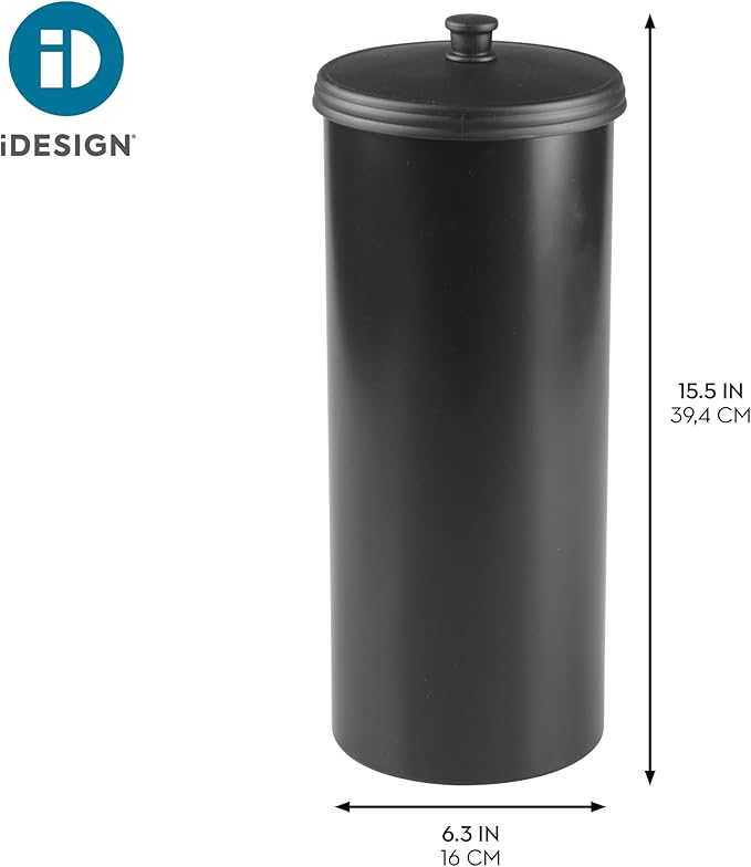 iDesign Freestanding Bathroom Toilet Paper Storage Holder with Lid for 3 Extra Rolls, Matte Black
