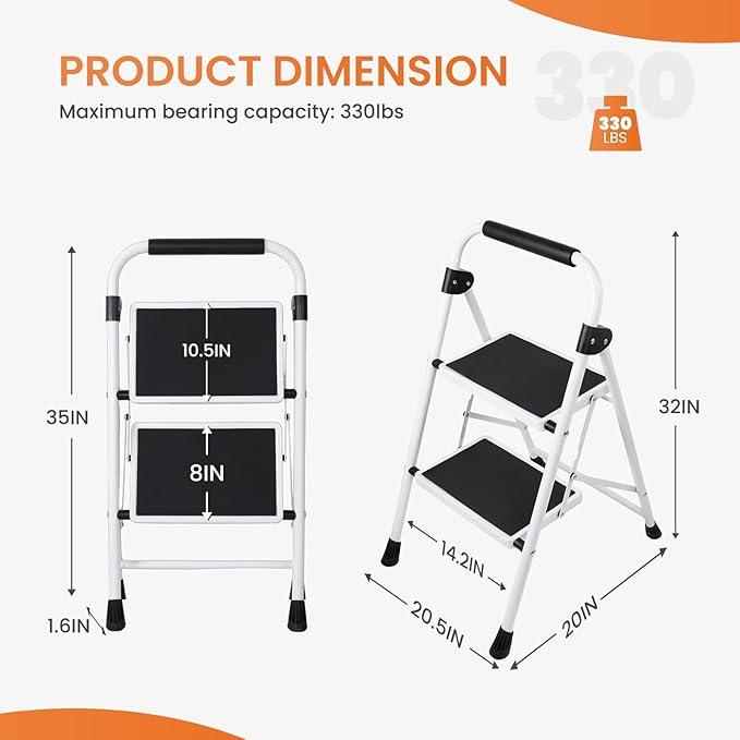 Sweetcrispy 2 Step Ladder, 330lbs Folding Step Stool with Wide Anti-Slip Pedal, Sturdy Ladder, Convenient Handrail, Lightweight, Portable Stepping Stool, Black