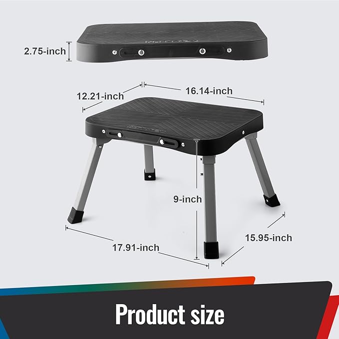 9" Folding Step Stool, Non-Slip 16x12 Large Platform, No Assembly | Sturdy Steel Frame, Portable Compact for Kids Adults Seniors at Indoor Outdoor, Durable & Safe, Kitchen Bedroom RV Office