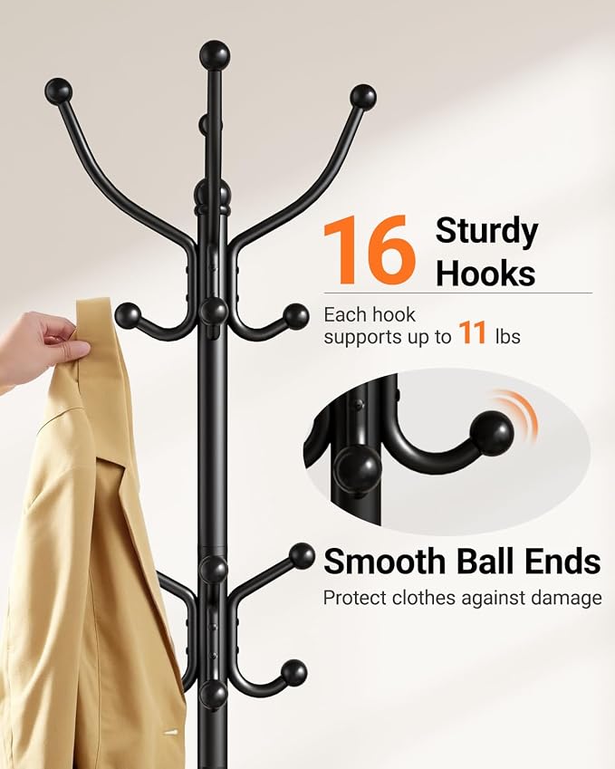 Pipishell Metal Heavy Duty Coat Rack with Sturdy Marble Base, Coat Tree with 16 Hooks & Detachable Umbrella Holder,Coat Rack Freestanding for Entryway, Corner, Bedroom and Home Office, Black