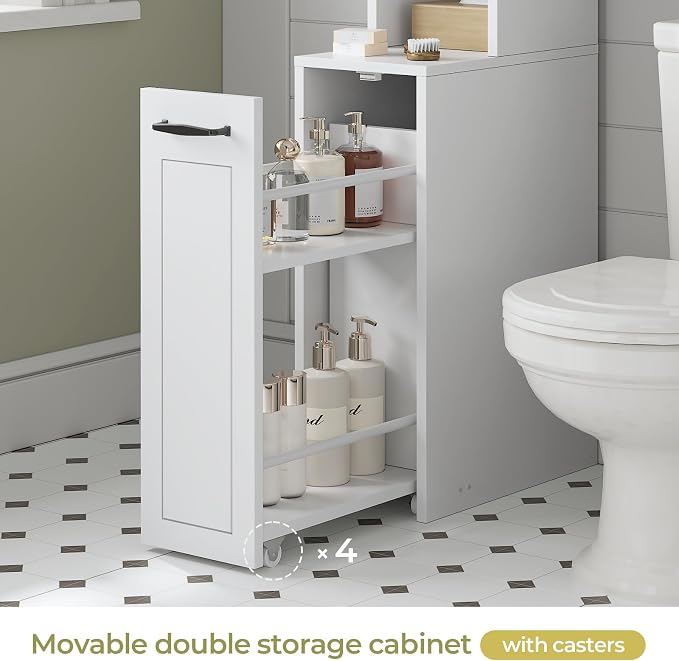 UPOSOJA Over The Toilet Storage Cabinet with Pulley Small Bathroom Storage Cabinet, Space Saver W/Adjustable Shelf & Open Shelf for Bathroom, Restroom, Laundry (White)