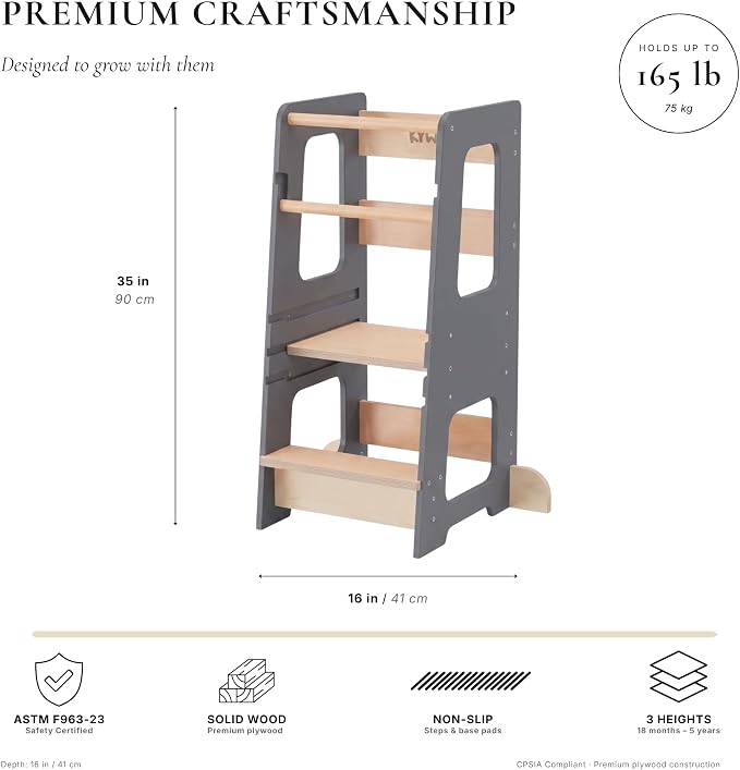 Toddler Tower for Kids, Adjustable Wooden Standing Tower & Kitchen Step Stool, Anti-Tip Montessori Tower with Removable Safety Rails & Non-Slip Steps - Sustainable Reclaimed Wood (Gray)