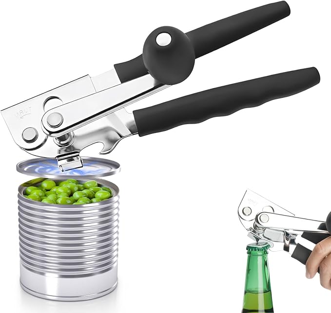 Commercial Can Opener Stainless Steel Handheld Can Opener Smooth Edge with Easy Crank Handle Black Swing Grips for Bulk Cans and All Size Cans
