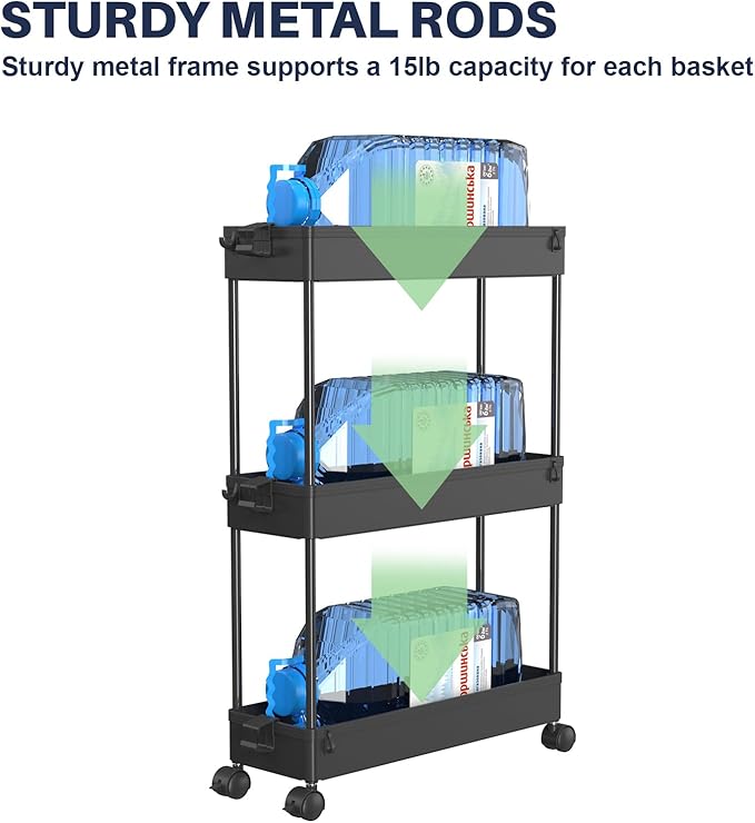 SPACELEAD 3 Tier Rolling Cart with Wheels, Storage Craft Art Trolley Organizer Serving, 3 Hanging Baskets Easy Assembly, for Office, Bathroom，Living Room, Kitchen, Black