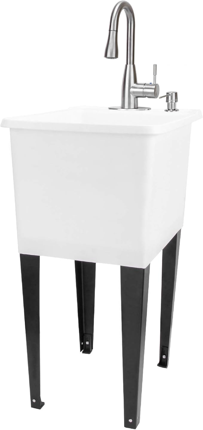 White Space Saver Utility Sink by JS Jackson Supplies, Freestanding Tehila Space Saving Laundry Tub, Stainless Steel Pull-Down Faucet, Soap Dispenser