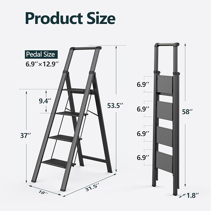 WOA WOA 4 Step Ladder, Ladders for Home, Anti-Slip Aluminum Pedals, Step Stool Foldable, Lightweight to Move, Ease of Storage, Reach 9ft for Closet Kitchen Library, Hold 300lbs - Black