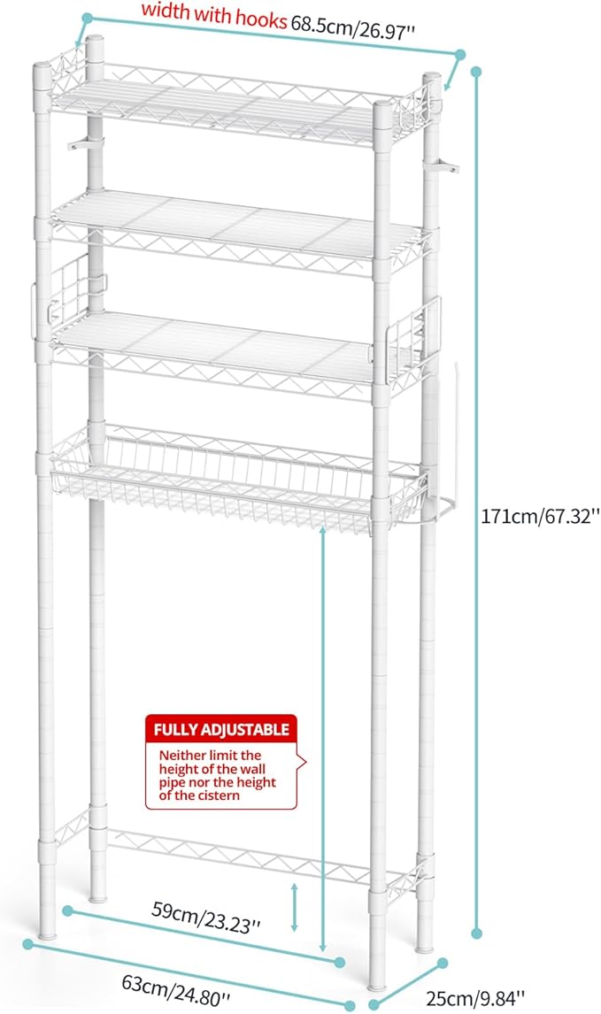 Hodonas Over The Toilet Storage, Adjustable Bathroom Organizer Shelves Space Saver Over Toilet, Sturdy 4 Tier Above Toilet Storage Rack, Freestanding Over-The-Toilet Storage Shelf, White