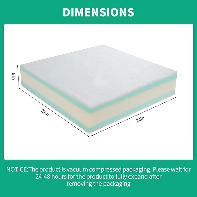 HOMBYS Memory Foam Couch Cushion Replacement, High Density Upholstery Foam Wrapped with Memory Foam & Polyester Batting, Sofa Cushions Inserts with Dacron Fiber Layer,with Removable Cover,6"x24"x27"
