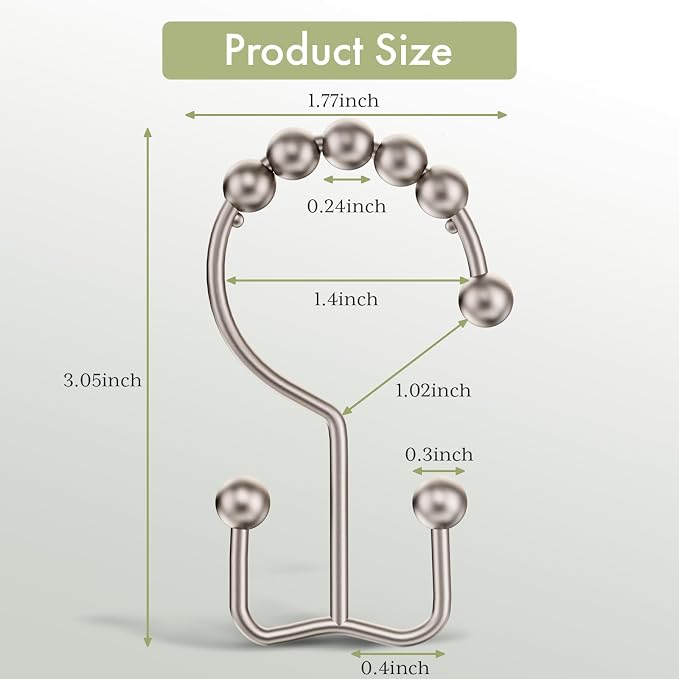 Amazer Shower Curtain Hooks Rings, Stainless Steel Shower Curtain Rings, 12Pcs Double Glide Shower Hooks for Bathroom Shower Curtain Rods Dual Rust-Resistant Shower Rings, Matte Nickel