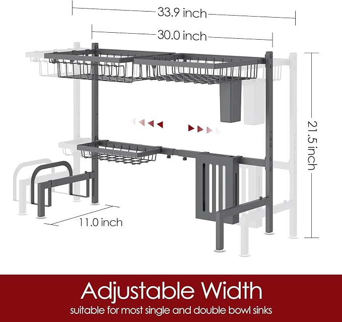 Sakugi Over The Sink Dish Drying Rack - Adjustable 2 Tier Large Capacity Stainless Steel Drainer with Cutlery & Utensil Holders, Kitchen Storage & Organization, 30"-33.9" L x 11" W x 21.5" H, Gray