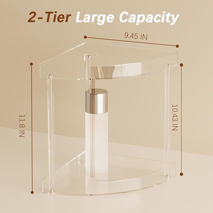 Bathroom Counter Organizer Countertop 2 Tier Storage Acrylic Corner Makeup Organizer for Makeup, Perfume, Vanity, Spice Rack, Bathroom Sink, Coffee Station(Clear)