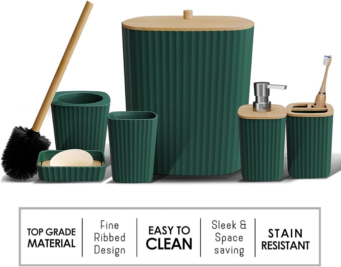 Clara Clark Bathroom Set - Hunter Green Bathroom Accessories Set, 6PC Bathroom Accessory Set, Bathroom Sets with Bathroom Rugs, Adhesive Corner Shower Caddy Hanging, Toilet Brush & Trash Can